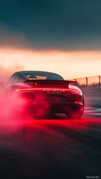 A rear angle of Porsche leaving a racetrack with tire smoke and glowing brake lights.