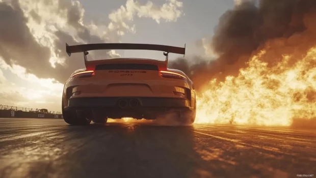 A rear view of Porsche 911 gt3 rs launching off a starting line leaving behind fiery exhaust trails.