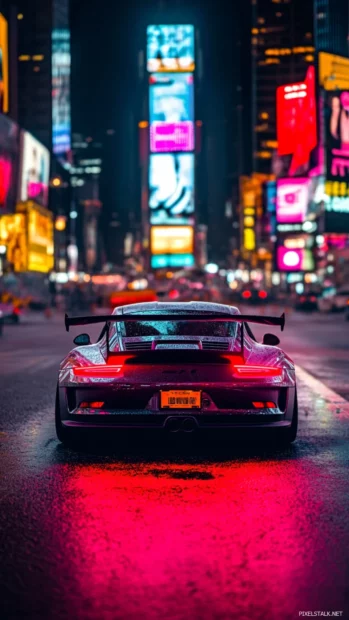 A rear view of Porsche 911 gt3 rs on a quiet city street illuminated by glowing billboards.