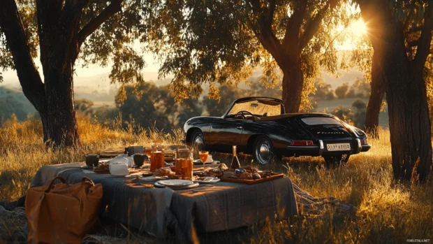 A relaxed picnic scene with a vintage Porsche parked nearby under soft afternoon light.