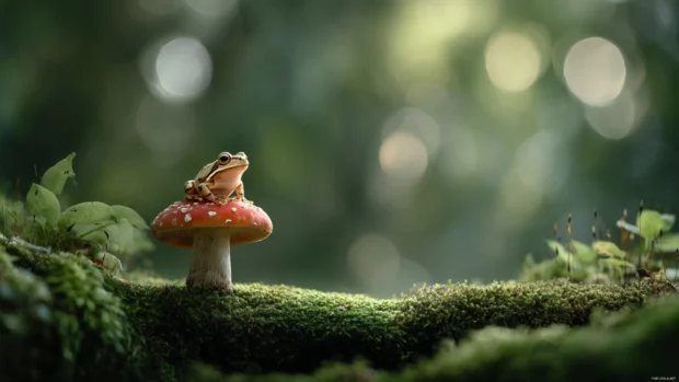 A relaxing forest background with a tiny Frog perched on a mushroom cap, natural colors and soft bokeh.