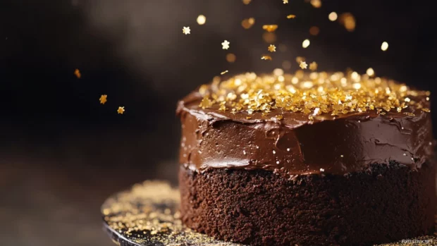 A rich chocolate birthday cake, captured in high resolution, rests beneath golden sprinkles.