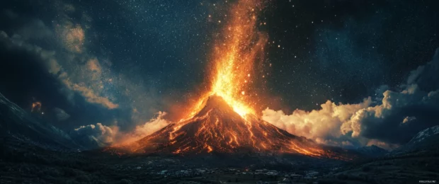 A roaring volcano erupting under a star filled sky in dramatic 3440x1440 ultra wide composition.