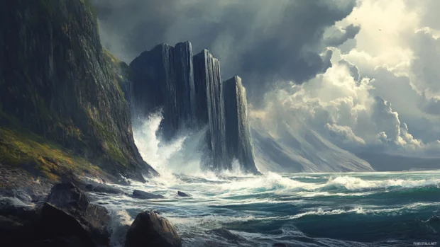 A rocky coastline with waves crashing against towering cliffs under stormy skies.