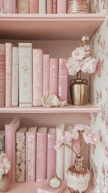 A romantic composition showing pink book lover wallpaper with pastel spines and dainty accessories on a shelf.