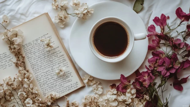 A romantic flat lay showing book wallpaper with coffee and handwritten letters beside pressed flowers.