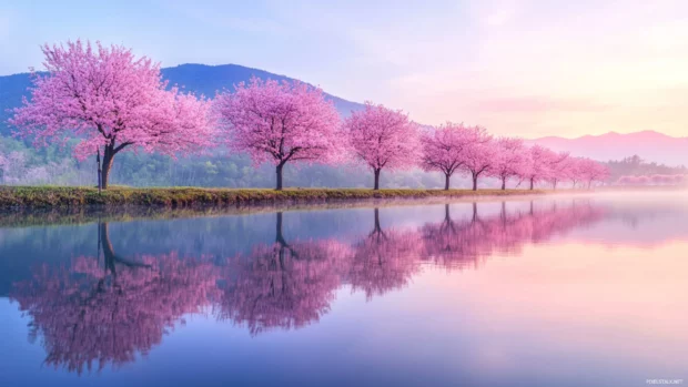 A row of Japanese cherry blossom trees reflected perfectly in a calm lake at dawn.