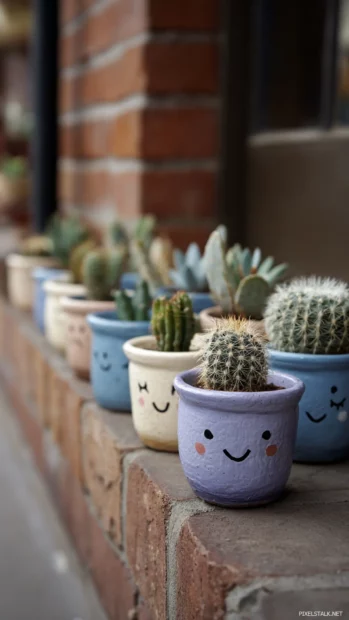 A row of smiling lavender cacti in tiny pots with pastel faces.