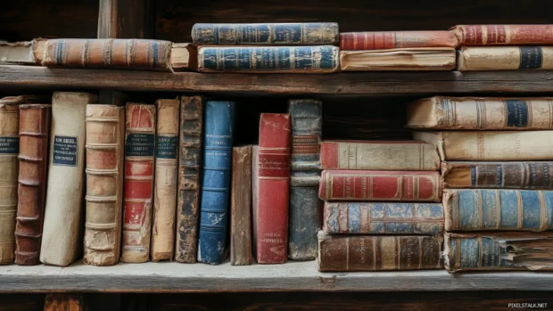 A rustic bookshelf wallpaper with vintage books stacked haphazardly, exuding charm and history.