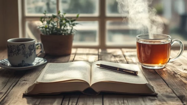 A rustic wood desk displaying book wallpaper for desktop, with a journal, pen, and steaming tea.