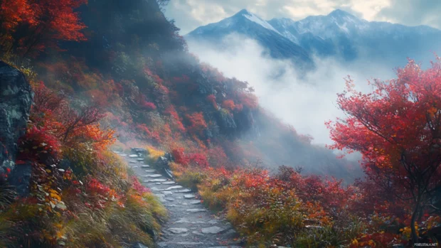 A scenic Japan mountain trail winding through fiery autumn foliage with mist rising in the distance.