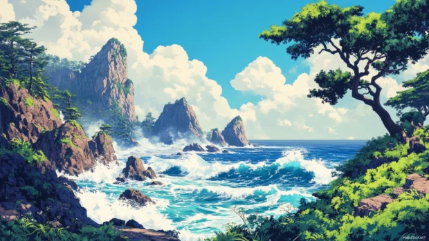 A scenic Japanese coastline desktop wallpaper with dramatic cliffs and crashing waves.