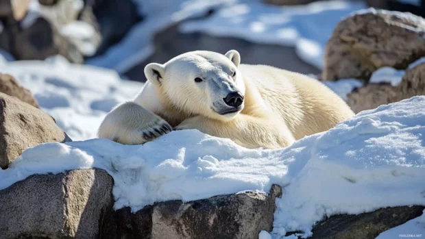 A scenic arctic backdrop with a Polar Bear resting peacefully among snow covered rocks.