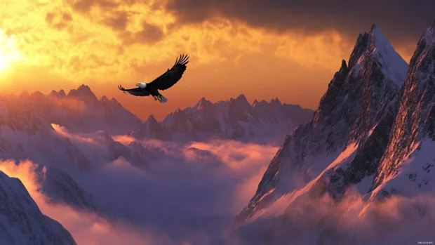 A scenic bald eagle mountain wallpaper where the bird soars through snowy peaks at dawn.