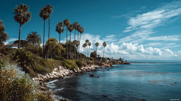 A scenic coastline lined with tall Palm trees reaching towards the blue sky.