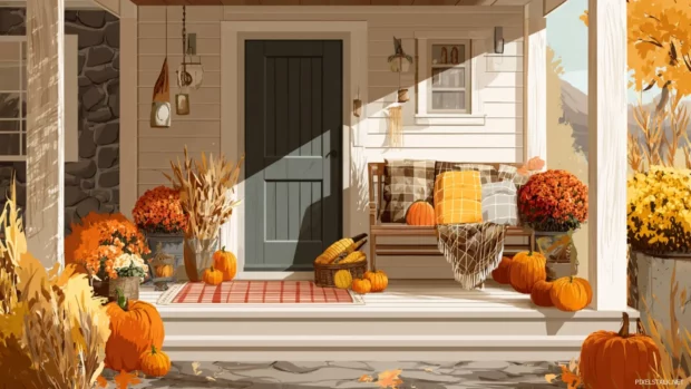 A scenic fall porch decorated with Thanksgiving pumpkins, cornucopia, and soft plaid blankets.