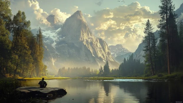 A scenic mountain view with a lone fisherman casting his line into a still river.