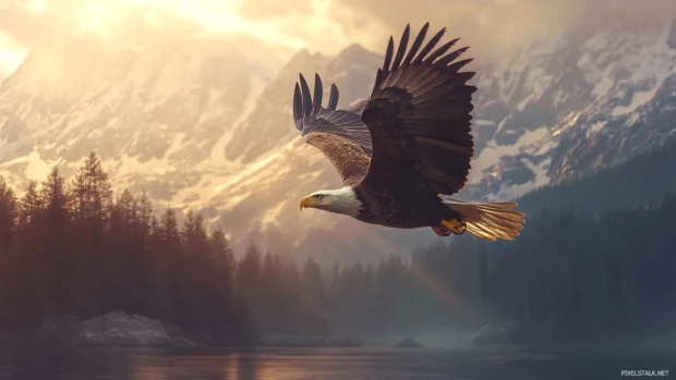 A scenic national park landscape featuring a Bald Eagle mid flight.