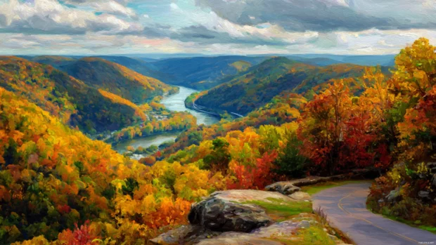 A scenic overlook capturing the breathtaking beauty of Beautiful Fall, with hills and trees painted in vibrant autumn colors.