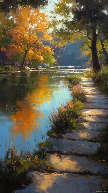A scenic riverside path drenched in fall colors, with soft sunlight glimmering on the waters surface.