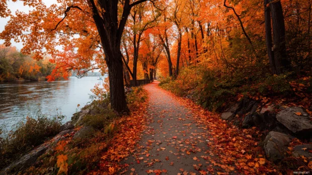 A scenic riverside trail covered in fall leaves with vibrant orange and red trees surrounding the path, ideal for Macbook.
