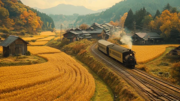 A scenic train winding through Japans countryside passing golden fields and rustic wooden homes.