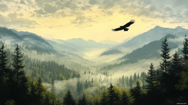 A scenic valley with an eagle flying low over the trees.