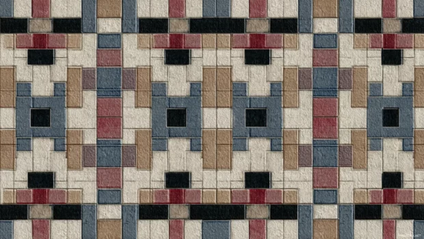 A seamless mosaic made of repeating Modern Geometric units arranged in offset alignment.