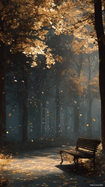 A serene Dark Fall scene for iPhone with a quiet bench under tall trees, golden leaves drifting in the autumn air.