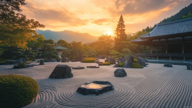 A serene Japanese Zen garden surrounded by ancient temples under a pastel sky, ultra sharp 4K.