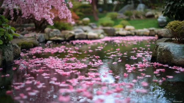 A serene Japanese garden filled with delicate cherry blossom petals floating gently on a quiet pond.