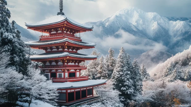 A serene Japanese temple desktop wallpaper surrounded by snow covered mountains.