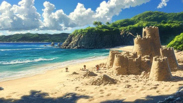 A serene anime beach scene in Okinawa with cute characters building sandcastles.