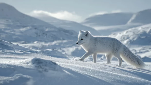 A serene arctic landscape with a white fox walking through powdered snow under a pale blue sky, styled as a fox wallpaper.