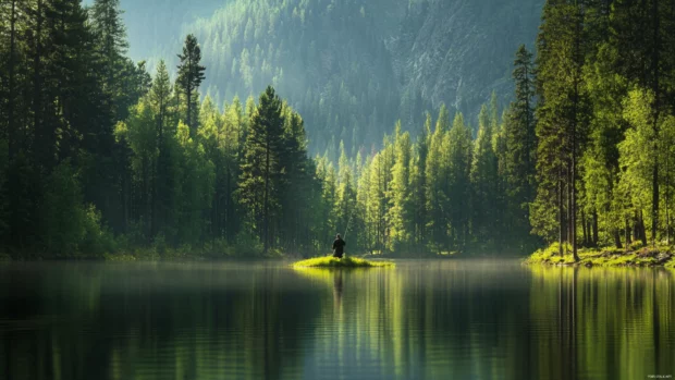A serene forest lake where a man is quietly fishing surrounded by calm nature.