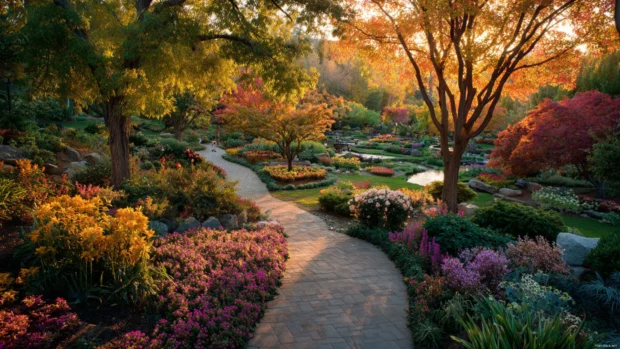 A serene garden with winding paths, vibrant flowers, and trees glowing in Beautiful Fall colors.