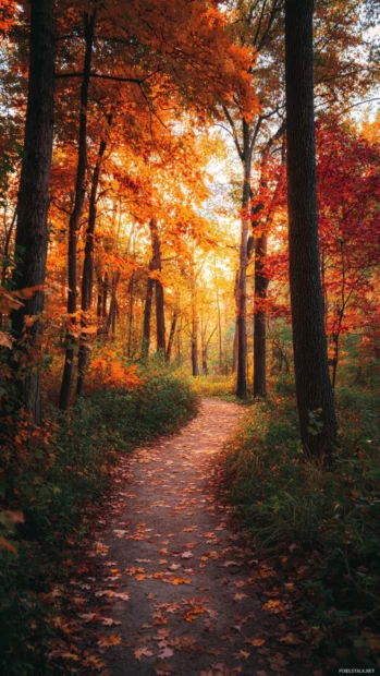 A serene iPhone composition featuring Beautiful Fall forest paths lined with warm hued trees and scattered leaves.