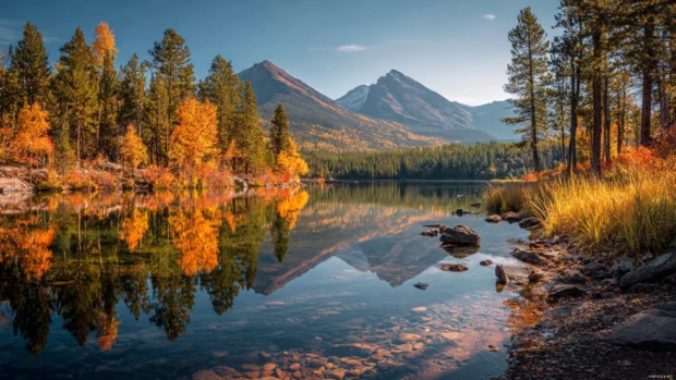 A serene lake reflecting a stunning fall landscape filled with colorful trees and mountain peaks in the distance.