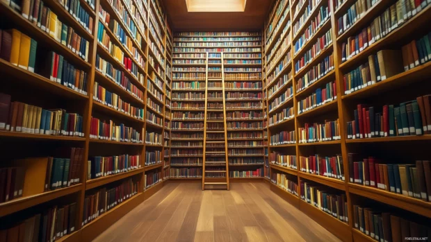 A serene library with endless rows of Book shelves and ladder.