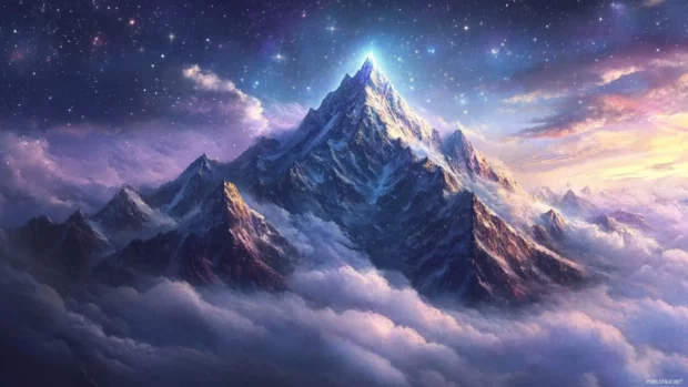 A serene moment where a quiet mountain summit pierces through layers of clouds to meet the starlit heavens.