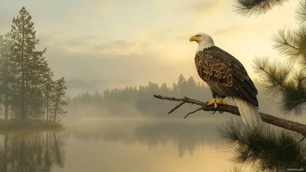 A serene morning view with a Bald Eagle perched on a pine branch.