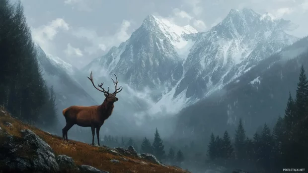 A serene mountain landscape featuring a solitary deer.