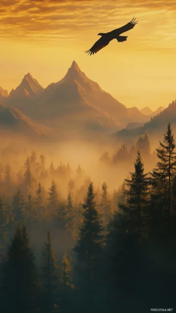 A serene mountain landscape with an Eagle soaring through the golden morning sky.