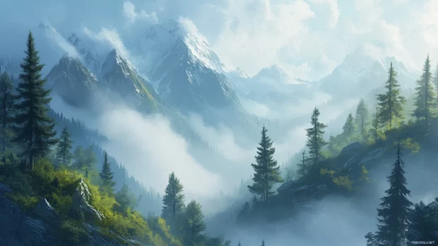 A serene mountain landscape with mist rolling over pine trees under a soft morning light.