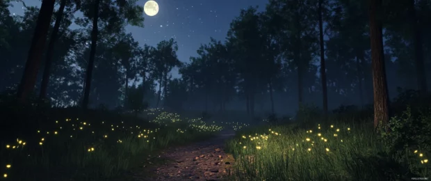 A serene night forest with glowing fireflies and moonlit paths shown in crisp 3440x1440 ultra wide.