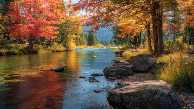 A serene riverside scene with vivid fall colors decorating both banks, creating a peaceful natural retreat.