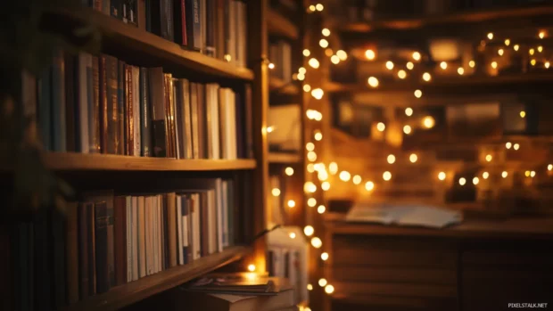 A serene scene of a bookshelf wallpaper with fairy lights draped over the shelves, casting a gentle glow.