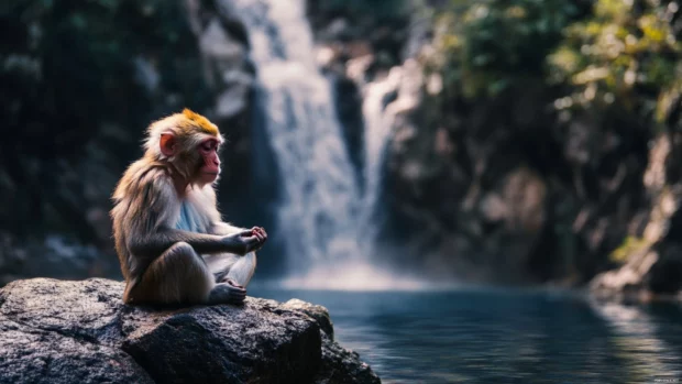 A serene scene of a monkey meditating by a mountain waterfall.