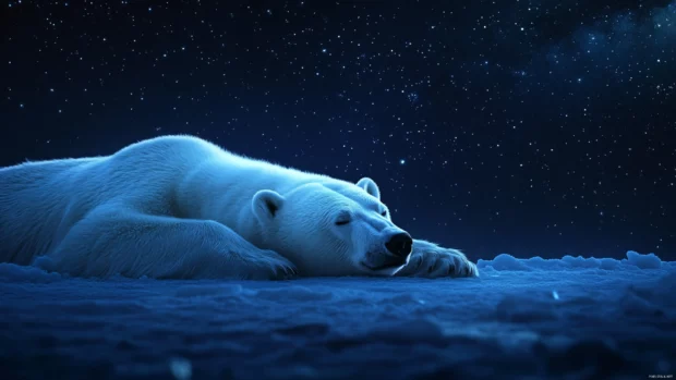 A serene scene of a resting polar bear under the stars creates the perfect polar bear background.