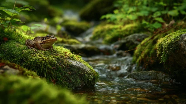 A serene scene with cute frog background free nature style, a frog resting on a mossy rock by a forest stream.